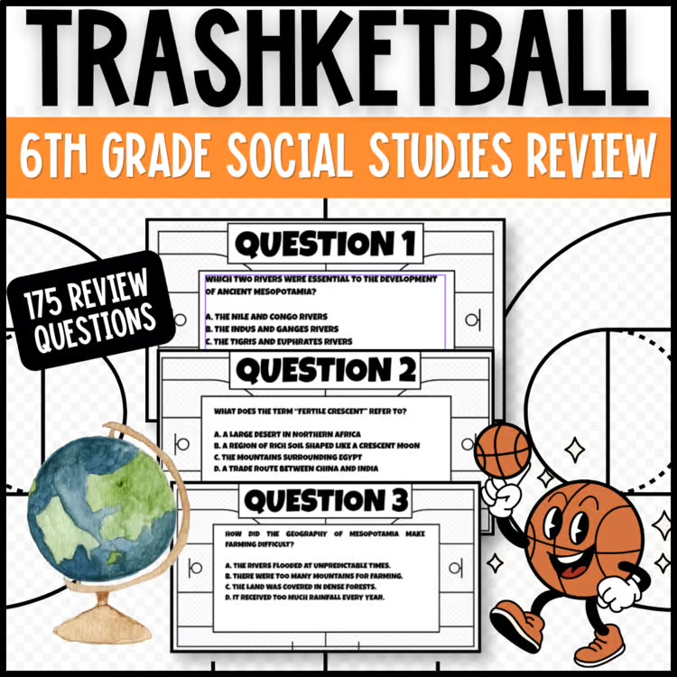 6th grade social studies world history Trashketball review game product image linked to the Teachers Pay Teachers resource.
