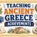 Teaching Ancient Greece achievements with classroom icons including columns, theater masks, Olympics, geometry, and democracy