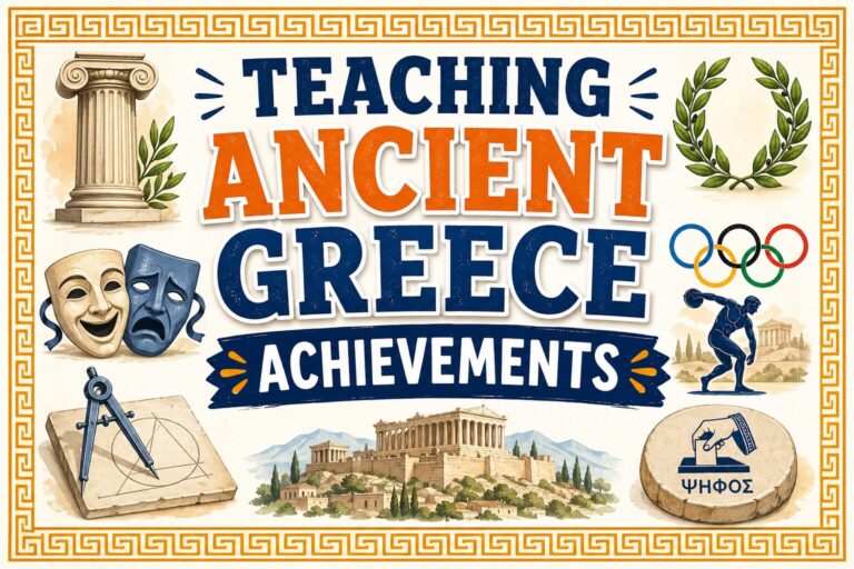 Teaching Ancient Greece achievements with classroom icons including columns, theater masks, Olympics, geometry, and democracy