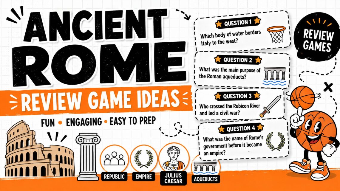 Ancient Rome Review Game Ideas blog featured image with Roman history review question cards.