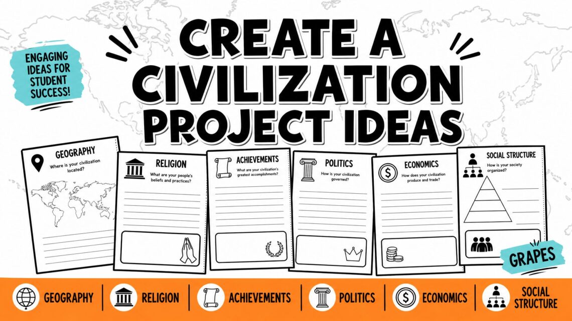 Create a Civilization Project Ideas blog featured image with GRAPES social studies planning pages.