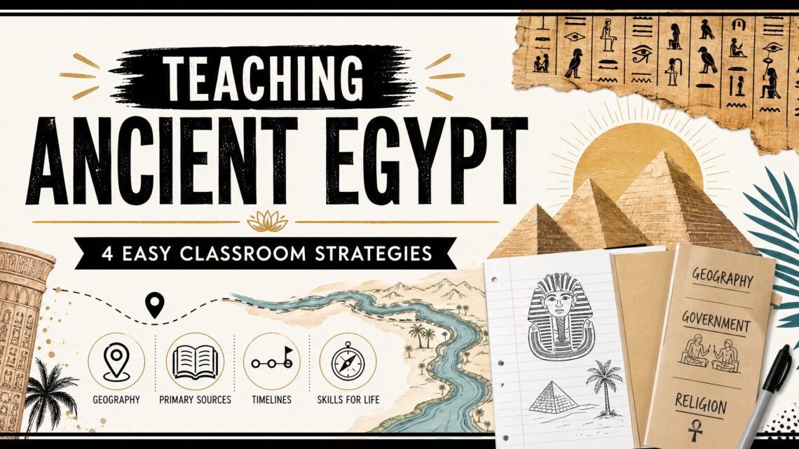 Teaching Ancient Egypt classroom strategies with pyramids, Nile River, notebooks, and social studies icons.