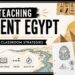 Teaching Ancient Egypt classroom strategies with pyramids, Nile River, notebooks, and social studies icons.