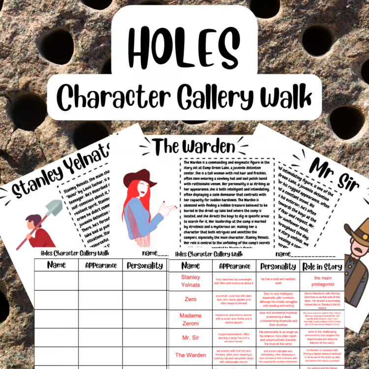 Holes character traits gallery walk novel study resource for upper elementary ELA