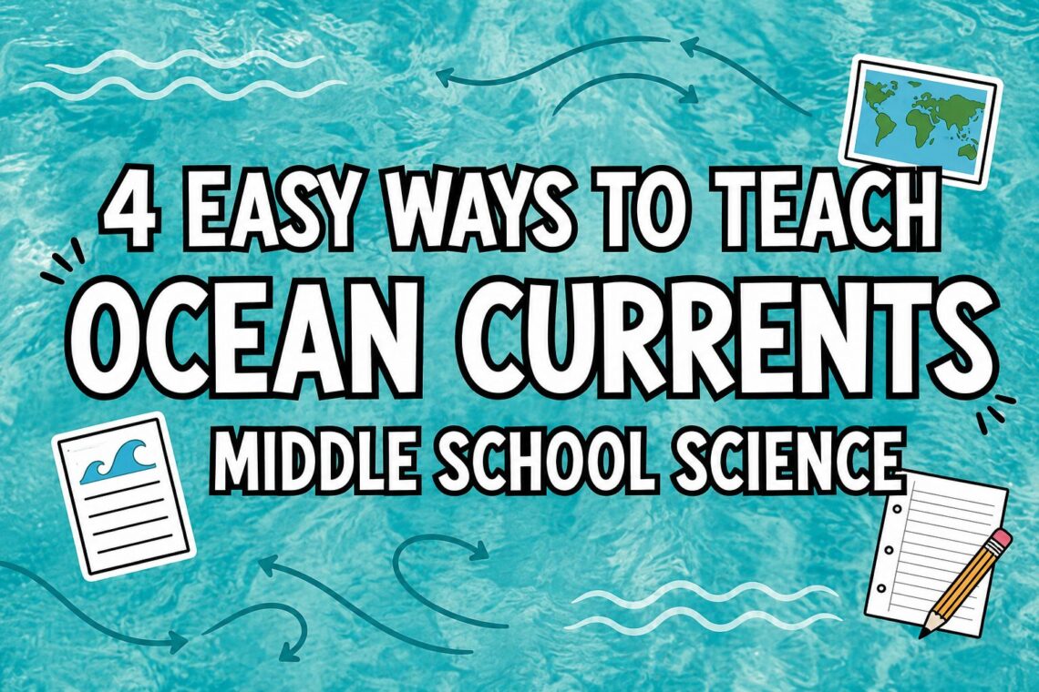 Blog cover image reading 4 Easy Ways to Teach Ocean Currents in Middle School Science with ocean current arrows and classroom-style icons.