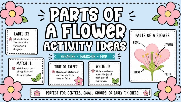 Parts of a Flower Activity Ideas blog featured image with flower anatomy labels.