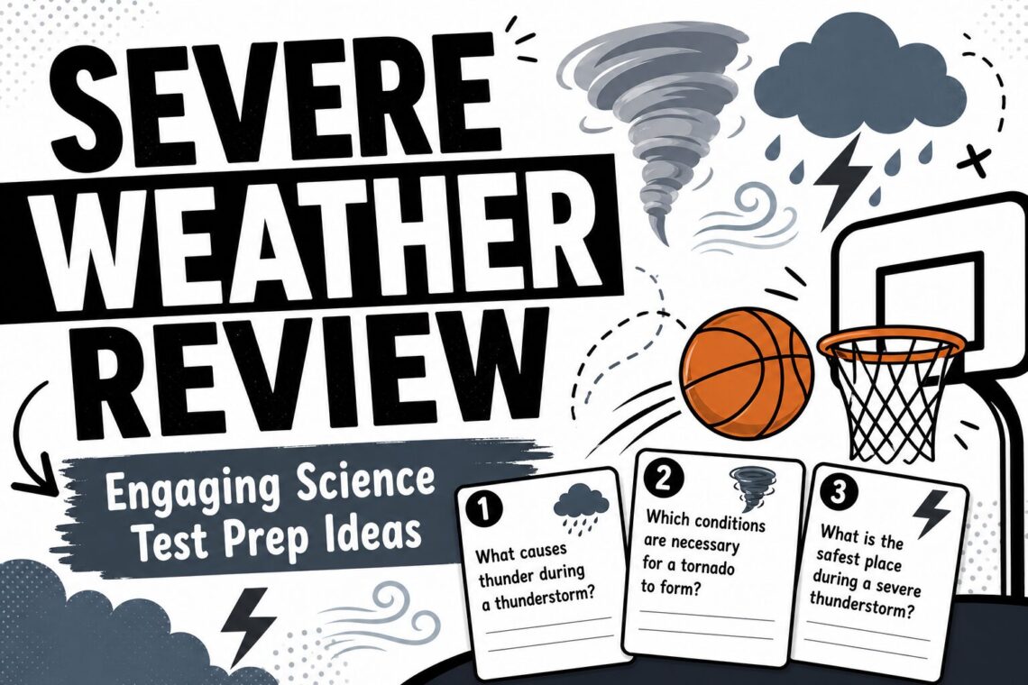 Severe weather review ideas for science test prep with storm icons and basketball review game elements.