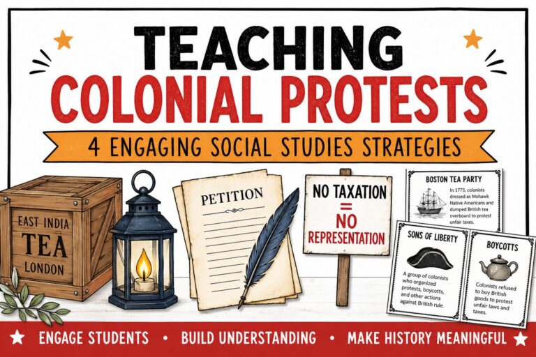 Teaching Colonial Protests blog featured image with Boston Tea Party, petitions, boycotts, and colonial protest visuals.
