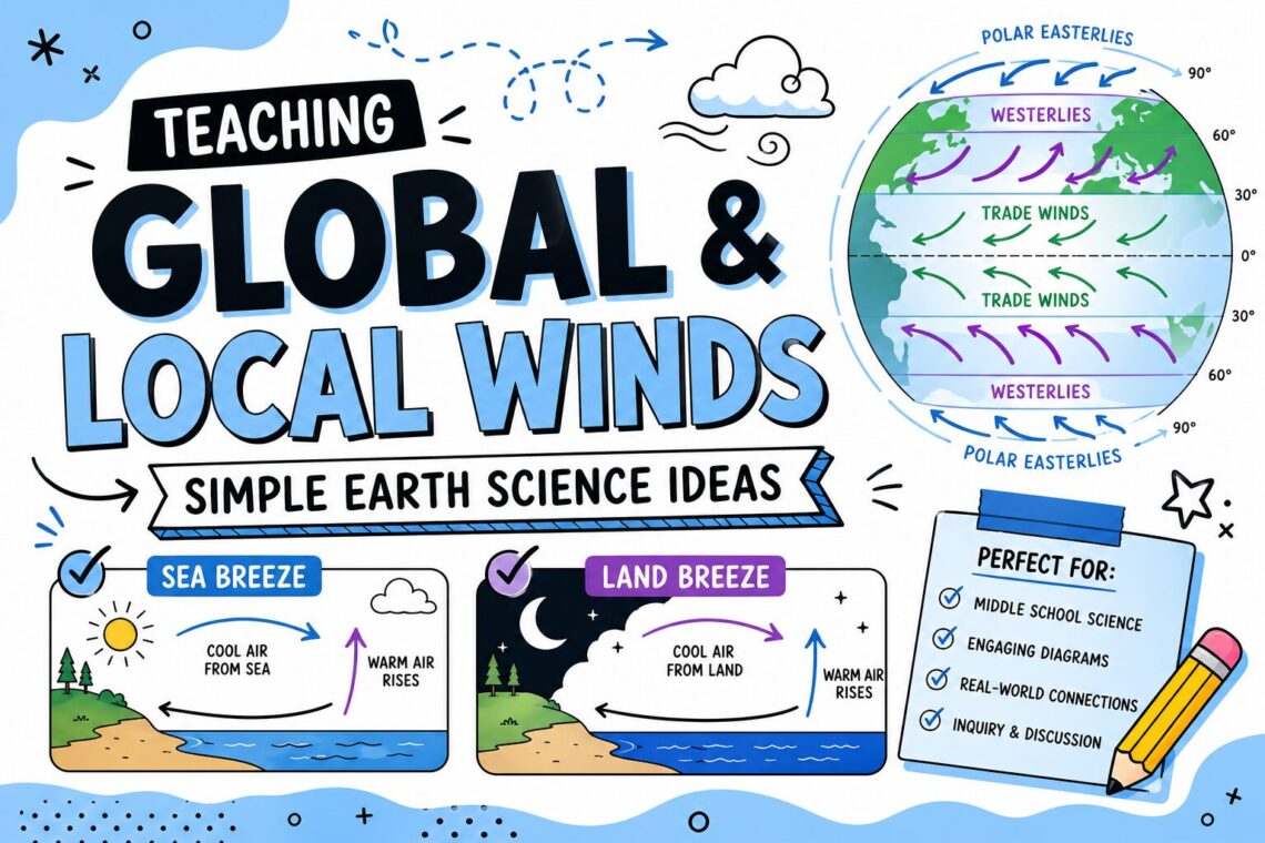 Teaching global and local winds blog featured image with wind arrows, land and sea breeze visuals, and Earth science classroom elements.