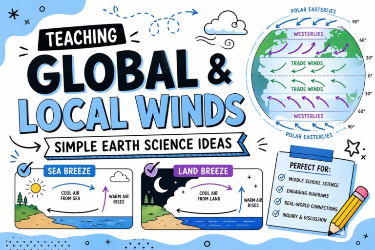 Teaching global and local winds blog featured image with wind arrows, land and sea breeze visuals, and Earth science classroom elements.