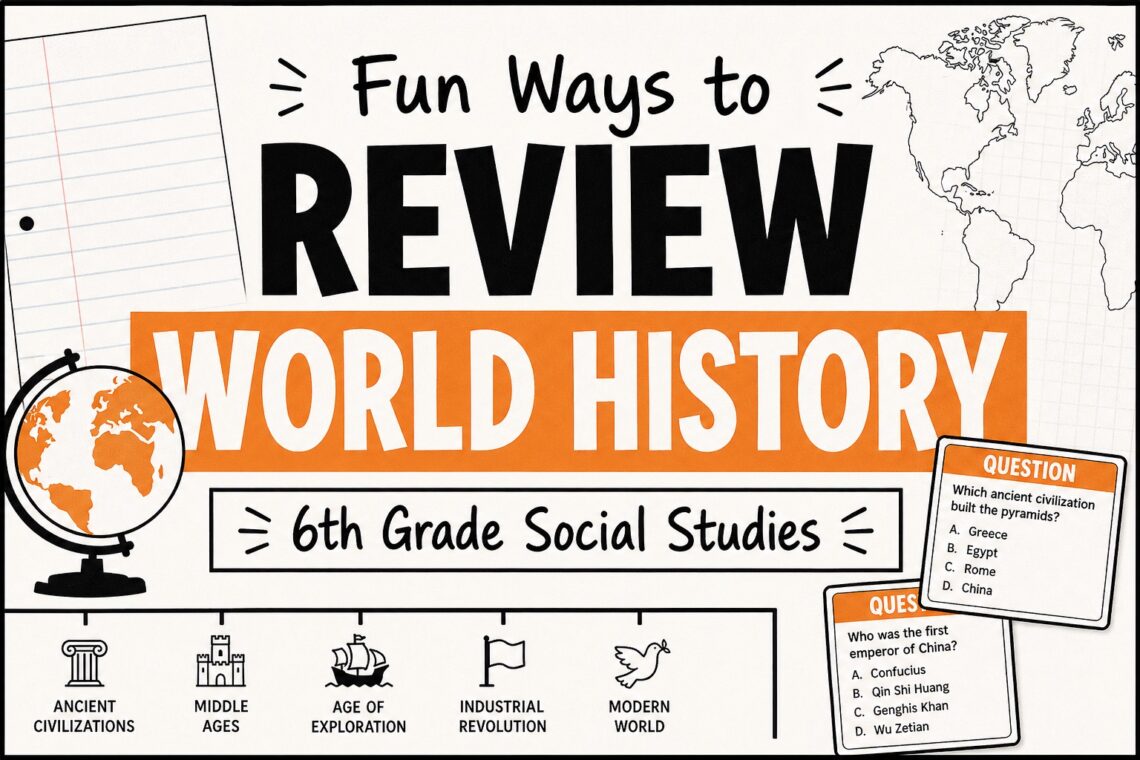 Blog cover for fun ways to review world history in 6th grade social studies.