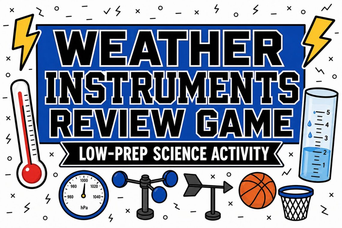 Weather instruments review game with flat vector weather tools and Trashketball classroom review accents