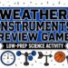 Weather instruments review game with flat vector weather tools and Trashketball classroom review accents