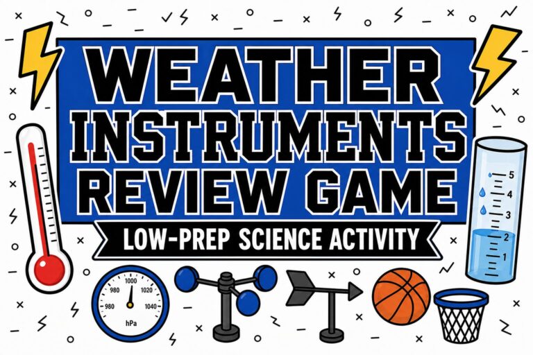 Weather instruments review game with flat vector weather tools and Trashketball classroom review accents