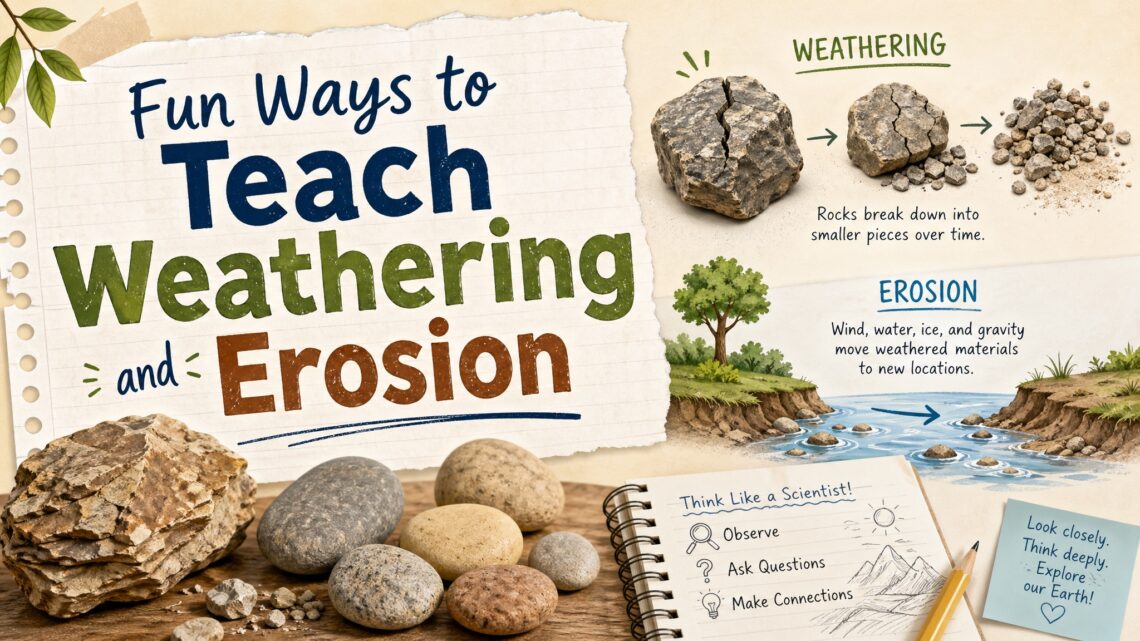 Teacher-friendly blog cover image for a post about fun ways to teach weathering and erosion in science.