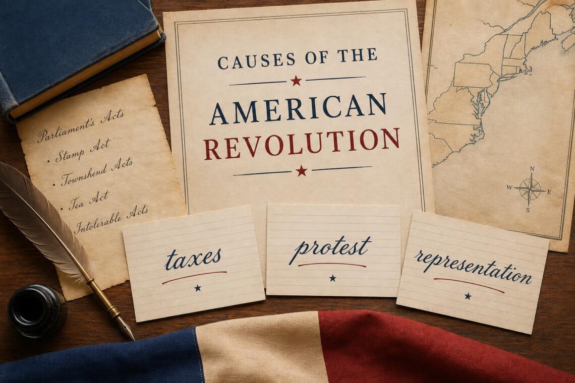 American Revolution teaching materials on a desk with notes about taxes, protest, and representation