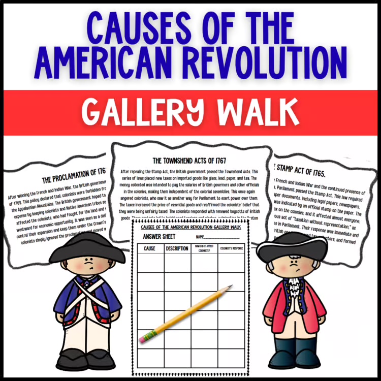 Preview of the Causes of the American Revolution Gallery Walk reading stations activity
