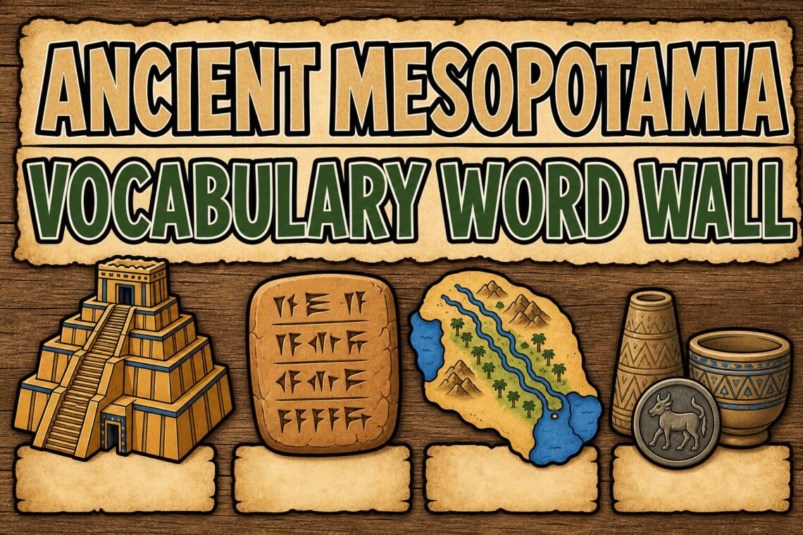 Ancient Mesopotamia vocabulary word wall featured image with ziggurat, cuneiform, and classroom resource styling