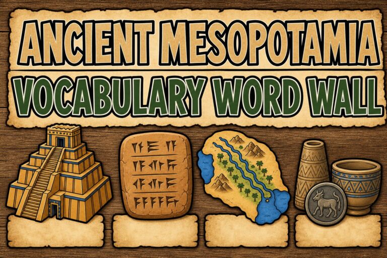 Ancient Mesopotamia vocabulary word wall featured image with ziggurat, cuneiform, and classroom resource styling