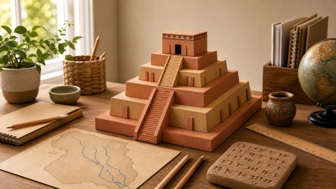 Clay-colored ziggurat model with Mesopotamia classroom materials