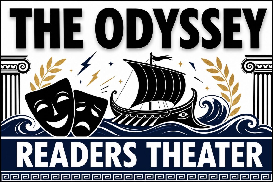 The Odyssey reader's theater featured image with Greek theater masks, ship, waves, and bold classroom resource text