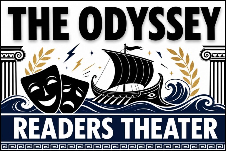 The Odyssey reader's theater featured image with Greek theater masks, ship, waves, and bold classroom resource text