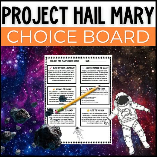 Free Project Hail Mary choice board novel study writing activity cover
